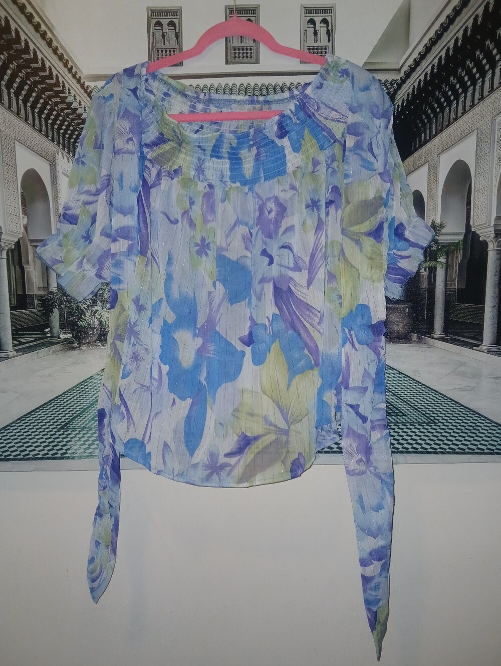 SHEIN Floral Tie-Sleeve Blouse - Blue, Purple & Green Off Shoulder. NWOT